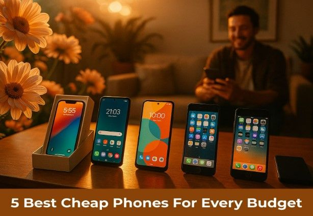 5-best-cheap-phones-for-every-budget Five refurbished smartphones on a wooden table in a sunlit modern Australian living room with flowers and warm lighting.