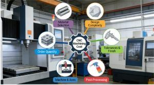 Diagram showing the six key factors that influence CNC machining cost: Material, Design Complexity, Tolerances, Machine Type, Order Quantity, and Post-Processing