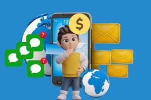 3D character thinking about messaging costs, surrounded by WhatsApp chat bubbles, SMS envelopes, and a dollar sign icon representing SMS vs WhatsApp pricing